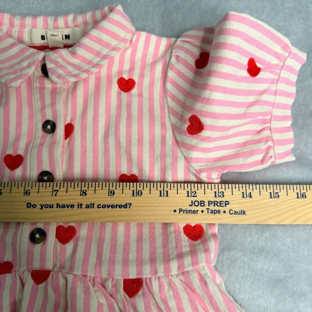 Mini Boden Girls Pink White Striped Red Heart Embroidered Denim Dress 6-7Y G5127